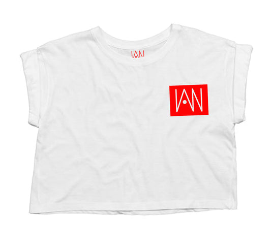 Lady Crop Top Weiß | Samt Logo rot